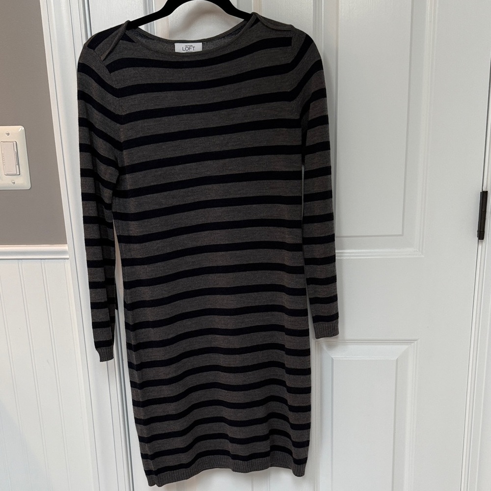 LOFT Navy Blue and Gray Striped Dress